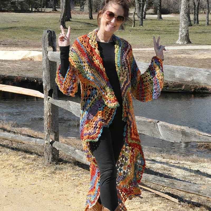 🌼 Bohemian Hippie Style Rainbow Hooded Crochet Long Cardigan 🦋
